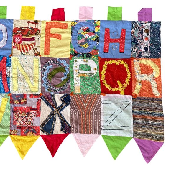 Vintage Alphabet Quilted Folk Art Patchwork Handmade 73"x40" One of a KInd Wall - Picture 3 of 14